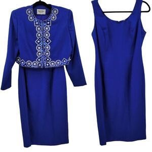 Vintage 80s Nah Nah Petites Dress Set M Royal Blue Pearl Sequin Jacket Midi Glam